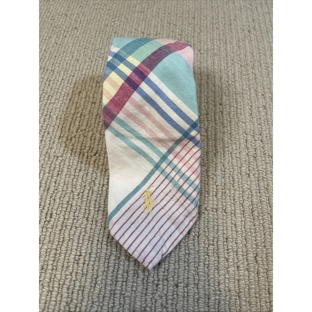 Polo Ralph Lauren Boy's Vtg Tie Multicolor Plaid Pony Logo Cotton Hand Made